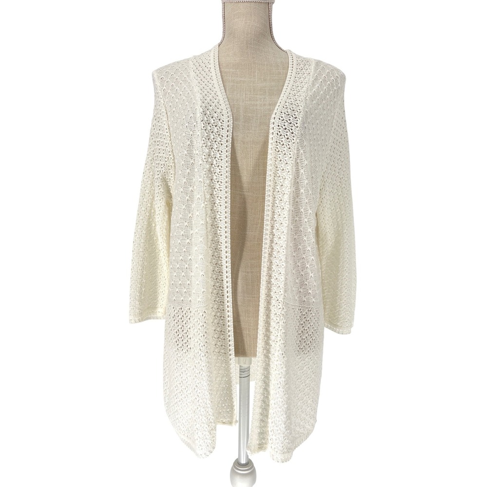 Kim Rogers Cardigan Women XL White Pointelle Knit Open Front Layering